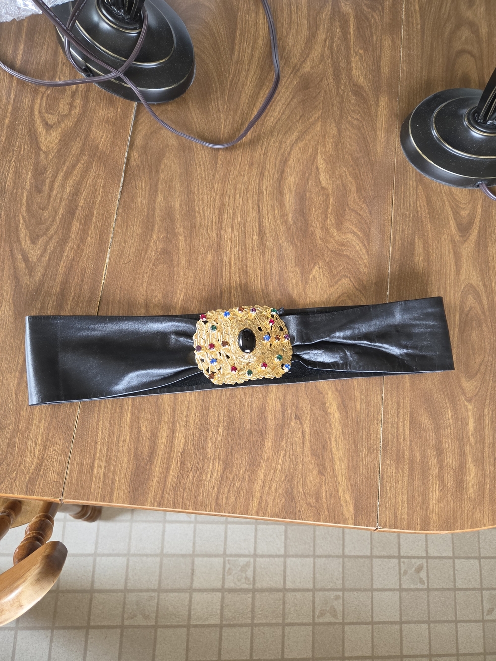 Vintage Black Womens Belt with Gold Jeweled Buckle